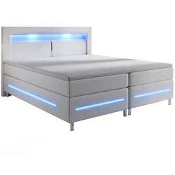 Juskys Boxspringbett Norfolk 200 x 200 cm – LED Beleuchtung, Bonell-Matratzen & Topper - Weiß