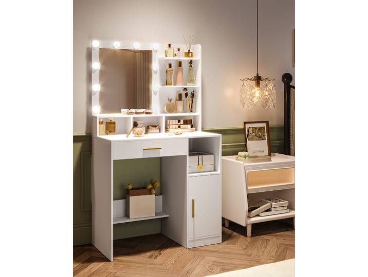 Hzuaneri Coiffeuse avec miroir et 10 lumières LED, meuble de coiffeuse avec 3 étagères et 4 compartiments ouverts, avec grand tiroir