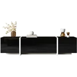 OKWISH TV-Schrank 170x30x39 cm Schwarz+Weiß, TV-Kommode Hochglanz, 3 Türen, 1 Schublade, Klapptür, minimalistisches Wohnzimmermöbel