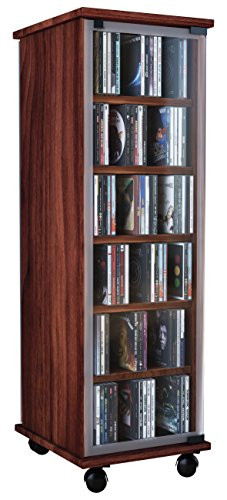 VCM Valenza houten CD en DVD kast met glazen deur en wielen, walnoot/bruin, B: 31 cm, D: 35 cm, H: 98 cm