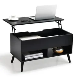 COSTWAY Couchtisch höhenverstellbar, mit anhebbarer Platte & 2 offenen Regalen, Holz, 80x40x44,5-58cm (Schwarz)