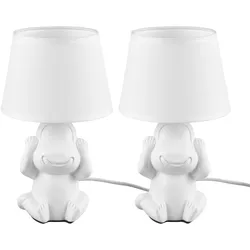 Tischlampe Nachttischleuchte Affe Keramik weiß Beistellleuchte Affe Stoffschirm, Schnurschalter, 1x E14 Fassung, DxH 17x27 cm, 2er Set