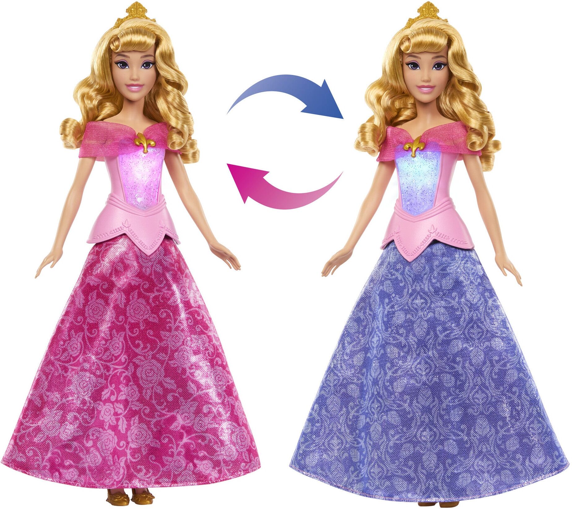 Disney Princess Aurora Pink to Blue Transforming Dress Fashion Doll with Lights for Kids, Mattel Brand