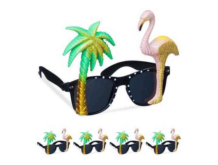 Partybrille Flamingo und Palme 5er-Set Grün-Rosa-Schwarz