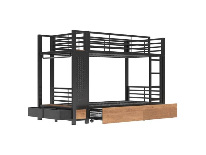 Lit superposé enfant 90x200 cm en acier noir avec led et rangements