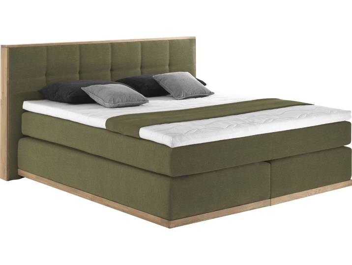 Boxspringbett, Massivholz, Grün (Olive), 200×213 cm, Gepolstertes Kopfteil, Modern-Vintage, Places of Style