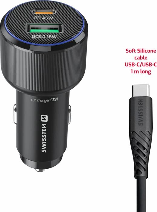 Swissten CL Adapter USB-C PD + USB-A 63 W schwarz + USB-C/USB-C Kabel 1 m