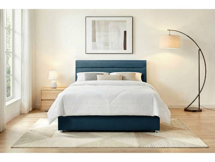Polsterbett mit opt. Matratze 120 x 200cm Samt Onoli Blau mit Lattenrost