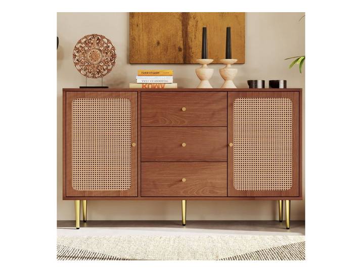 Flieks Kommode, Sideboard 3 Schubladen 2 Türen Rattan Nussbaum 150x40x90cm