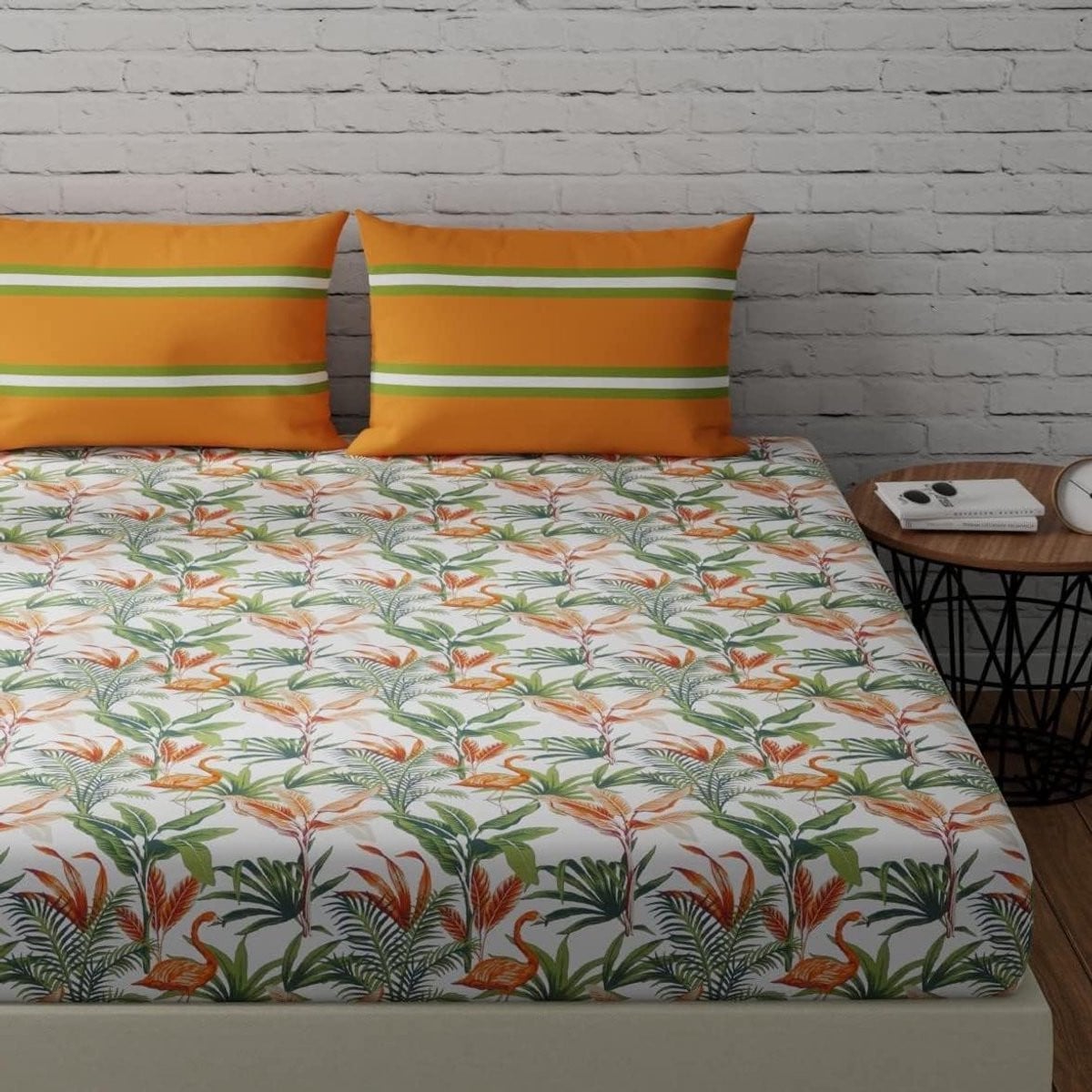 Katoenen Tweepersoons Laken Set Flamingo & Strepen