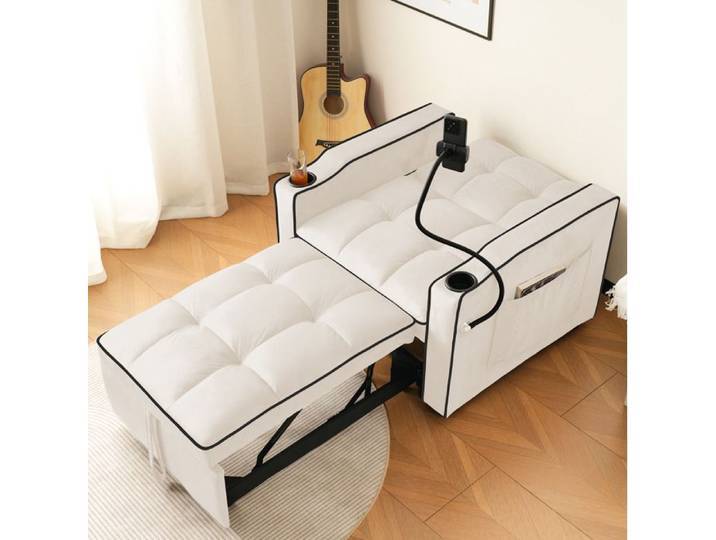 Canapé-lit 1 place extensible 3-en-1 beige en velours dossier 3 positions porte-gobelets