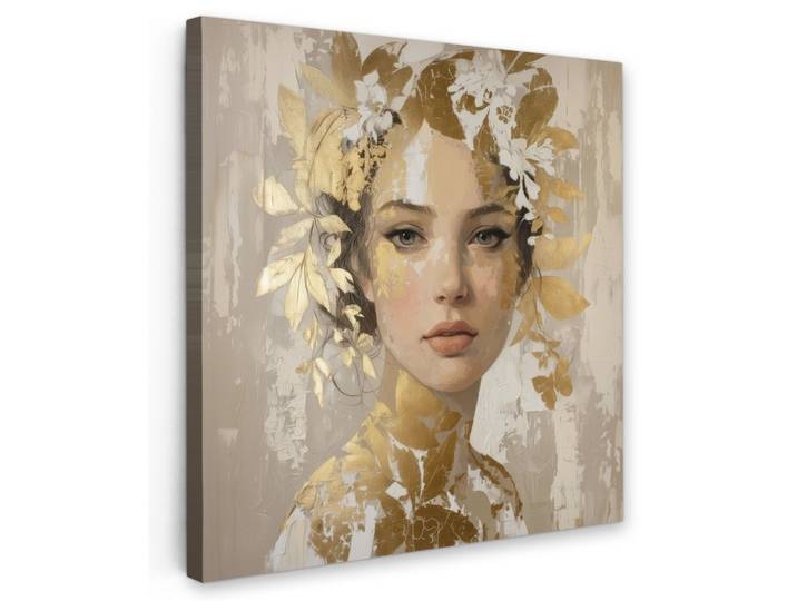 LEINWANDBILD Gesicht - Frau - Blätter - Gold Wandbild Wohnzimmer 50x50 cm