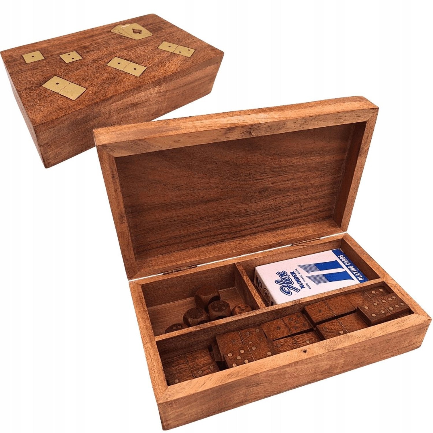 Merkloos 3-in-1 Spelset: Houten Koffer met Kaarten, Domino & Dobbelstenen