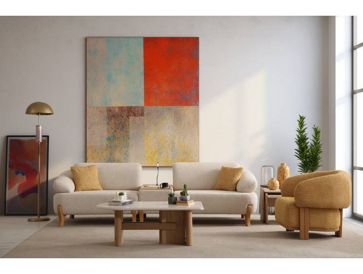 JVmoebel Polstergarnitur JVMoebel Polstergarnitur Beige mit Holzrahmen und Couchtisch, (Set, 2-tlg)