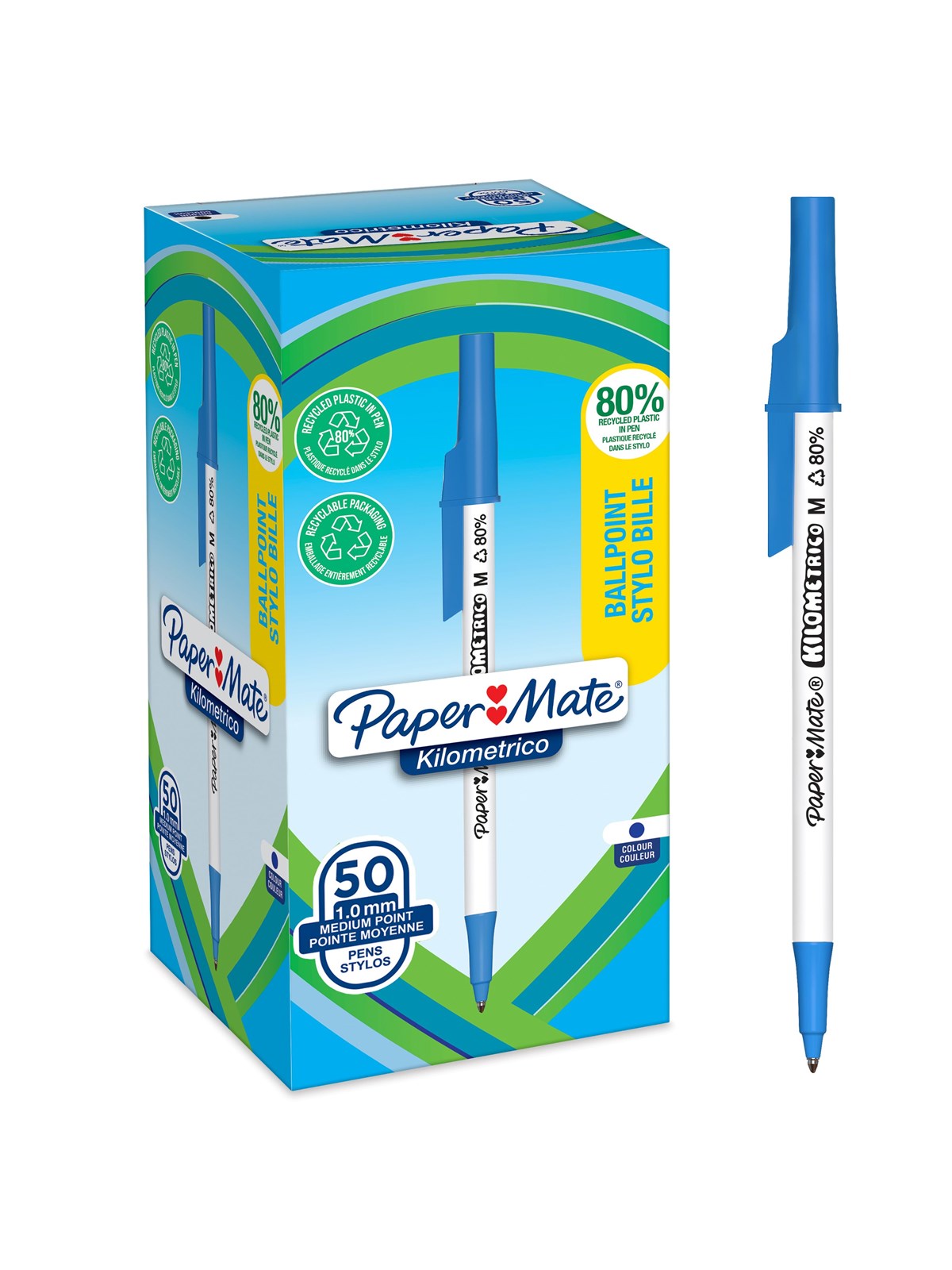 Paper Mate Kilometrico Kugelschreiber | lange Schreibdauer mit mittlerer Spitze (1,0 mm) | blaue Tinte | 80 % recyceltes Plastik | 50 Stück