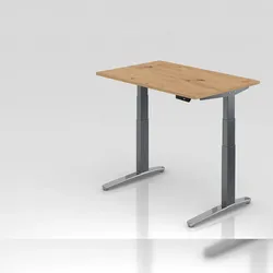 PROREGAL Sitz-Steh-Schreibtisch Pekka | Asteiche | Graues Gestell poliert | BxT 120x80cm | Höhe 65-130cm |höhenverstellbar | C-Fuß Gestell