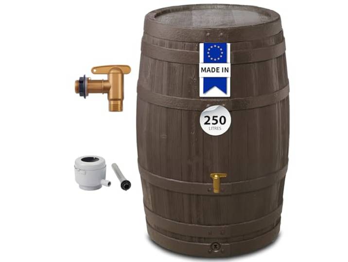 4rain Kit Récupérateur d'eau Pluie Tonneau Vino 250L Brun foncé Robinet PE Imitation Laiton\, Couvercle et collecteur Eco Gris\, Grand réservoir Design Effet Bois\, Jardin\, terrasse et Potager