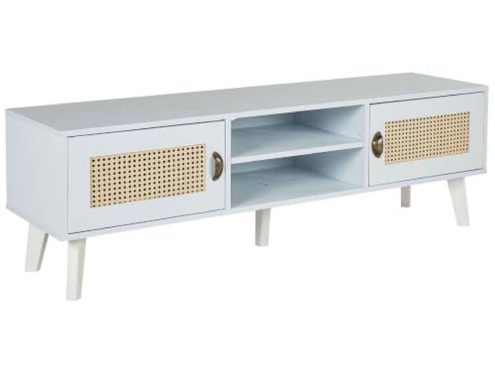 Beliani TV-Möbel Cremeweiß 2 Türen TV-Ständer mit Rattan Fronten Offene Holzwerkstoff, Weiß, 2 Einlegeböden, Gefärbt, 140 x 39 x 45 cm