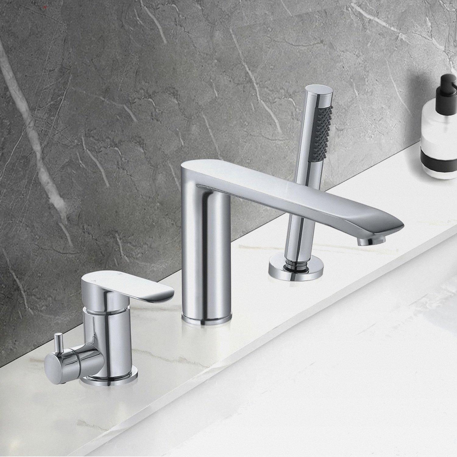 3 Loch Badewannenarmatur, Wannenrand mit Ausziehbarem Handbrause Chrom, Wannenrand Badewanne aus Messing Mischbatterie