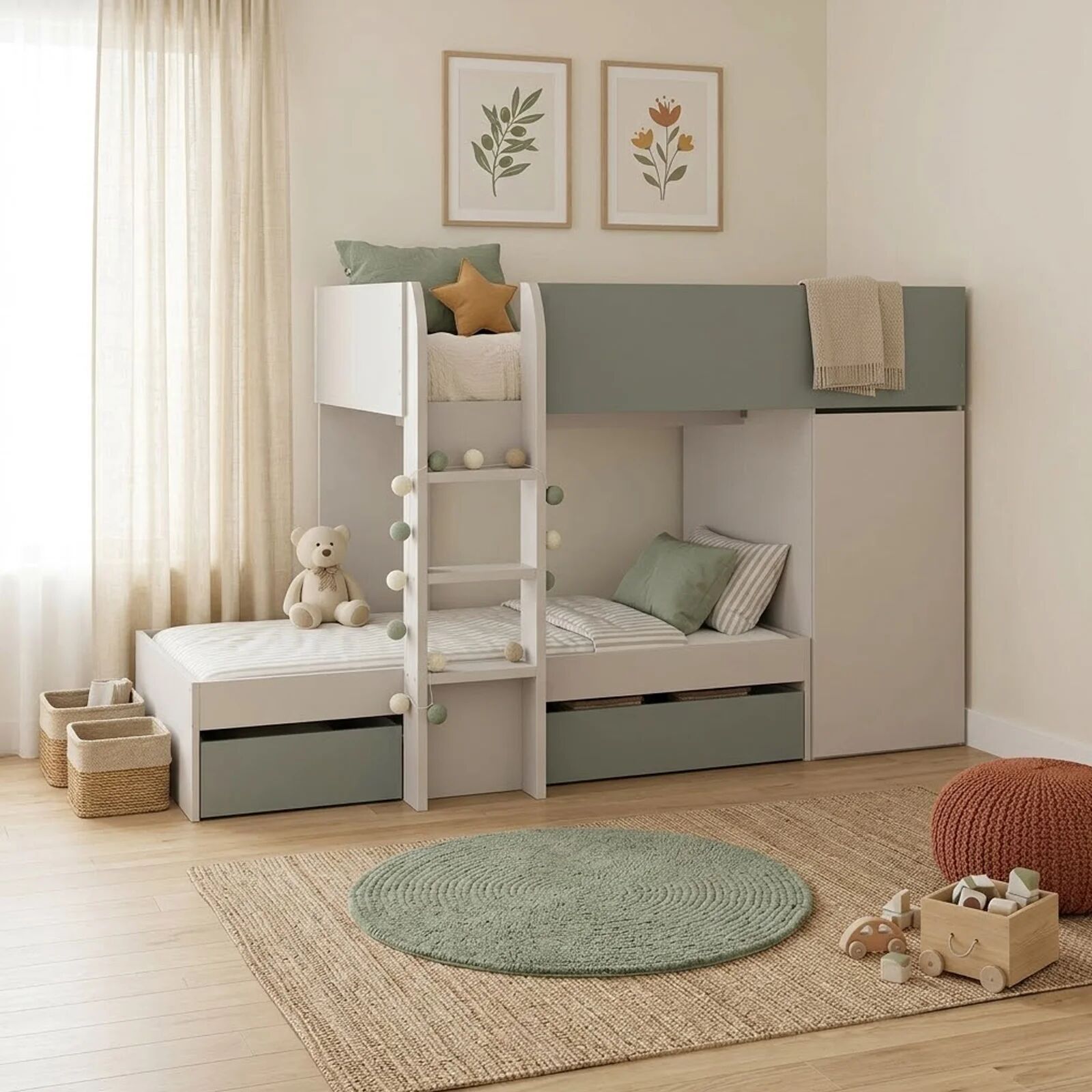 garneroarredamenti Letto a castello con armadio 255x111cm reversibile cashmere verde eucalipto Nuvolì