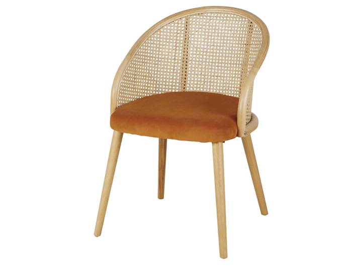 Esszimmerstuhl aus eichhörnchenbraunem Samt mit Rattanbespannung