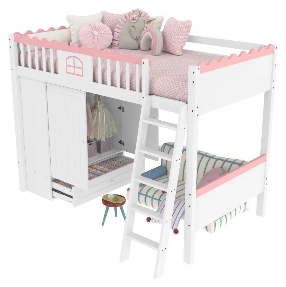 Etagenbett 90 x 200 cm - Einzelbett ohne Matratze - Stil A - LED-Beleuchtung - Kleiderschrank - Stauraum - Weiß