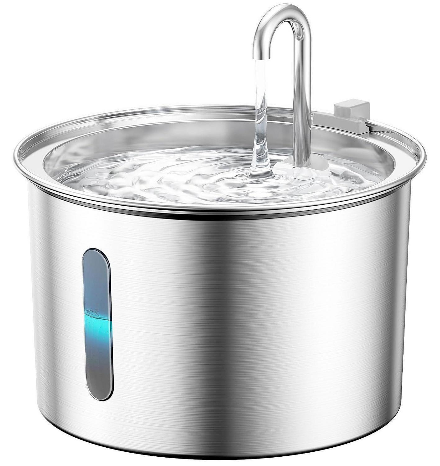 Oneisall Kattenfontein van roestvrij staal met LED-verlichting en 3 filters, 2 liter