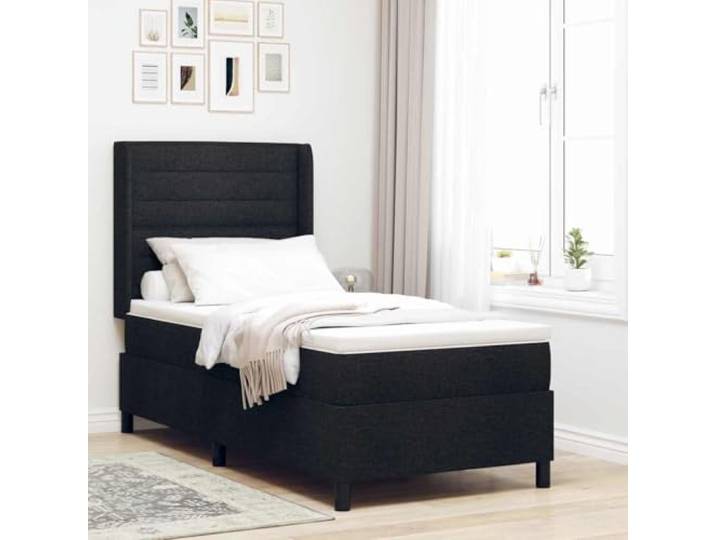 Polyester Modernes Boxspringbett Minimalistisch Schwarz 90 x 200 cm Boxspringbett mit Matratze Schwarz 90x200 cm Stoff Einzelbett verstellbares Kopfteil Lattenrost Schlafzimmer Möbel