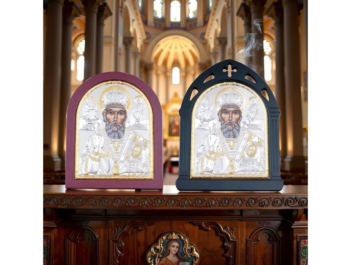 HTISOK – icône Saint Nicholas en alliage de Zinc plaqué or avec cadre en bois, décor religieux, décoration de noël pour la maison