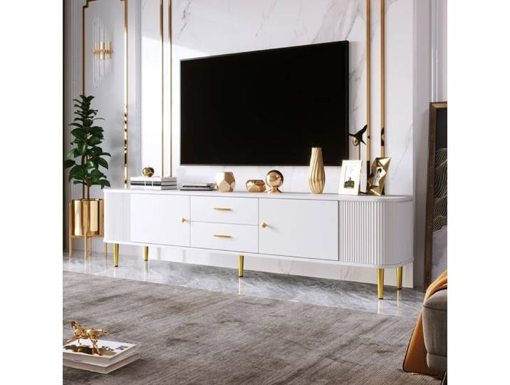 Meuble TV Contemporain aux Coins Arrondis et Pieds Dorés - Meuble Bas TV Élégant en MDF Solide - Blanc - 170×34×45 cm