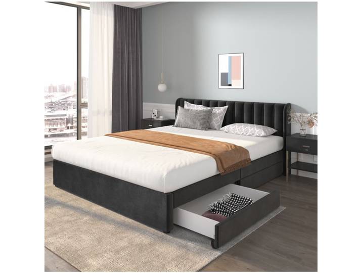 lit adulte lit double rangement 180x200 avec 2 tiroirs en velours noir sommier a lattes chambre EVRYAE