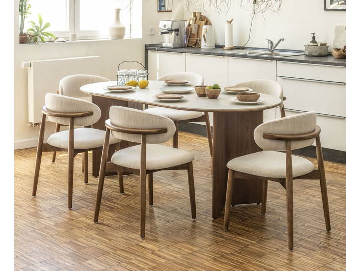 Vintagehaus Essgruppe Travertin Tisch Tivoli + Esszimmerstühle Linea