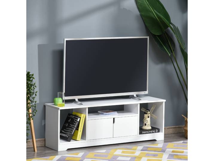 HOMCOM Meuble TV Blanc 3 Niches Double Porte