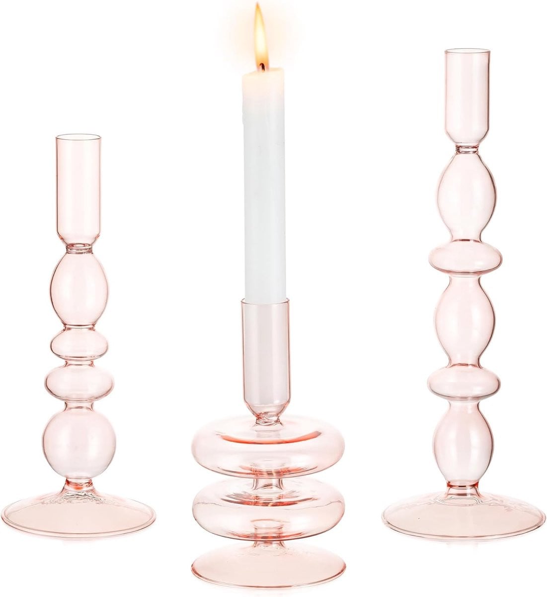 Set van 3 roze glazen taper kaarshouders voor decoratie