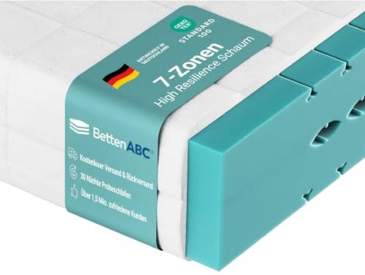 BettenABC - Matratze HR Blue - 140x200 cm (H3) - 7-Zonen-Matratze aus High-Resilience-Schaum - Hypoallergen & Antibakteriell - Oeko-TEX Zertifiziert - Bezug waschbar - Lieferung per Paket