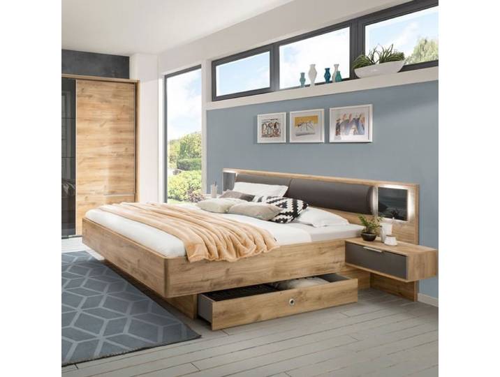 Bett Alwara Komfort Eiche Dekor mit Nachttischen, Beleuchtung und Schubkasten 180x200cm Mit höhenverstellbar