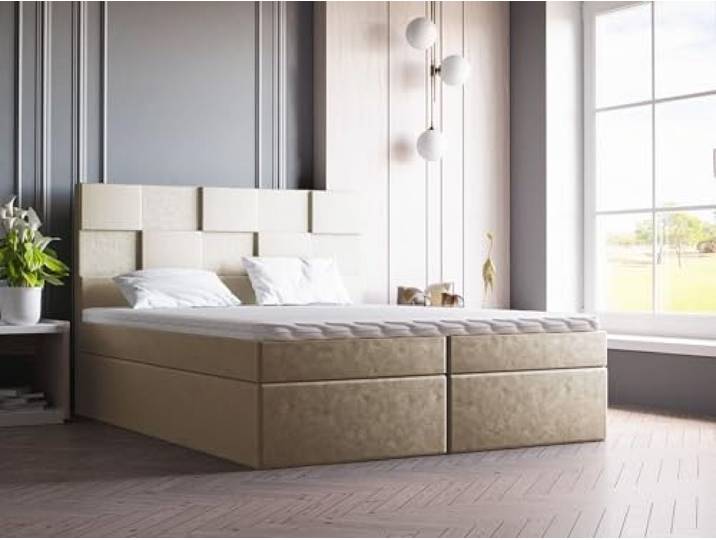 Emporius Boxspringbett mit Topper 160x200 Berg - Doppelbett, Bettkasten, Bonell-Matratze - Samtstoff Beige (Amor Velvet 4304)