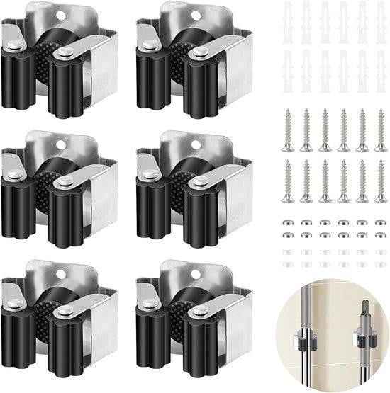 Famanu set van 6 bezemhouders van roestvrij staal voor keuken, badkamer, garage en tuin