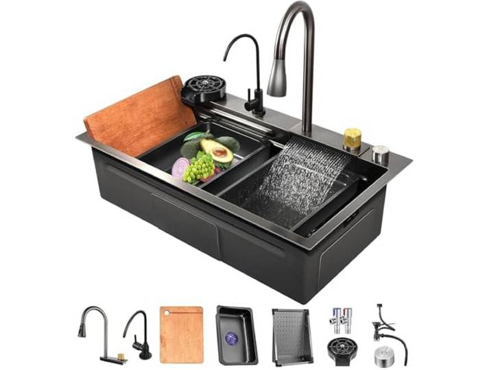 ASKLFNEI schwarz Edelstahl-Küchenspüle 85x45cm, Multifunktionale Wasserfall-Spüle mit Ein-Knopf-Abfluss, Einbauspüle mit großem Fassungsvermögen für Arbeitsstationen,mit Zubehör