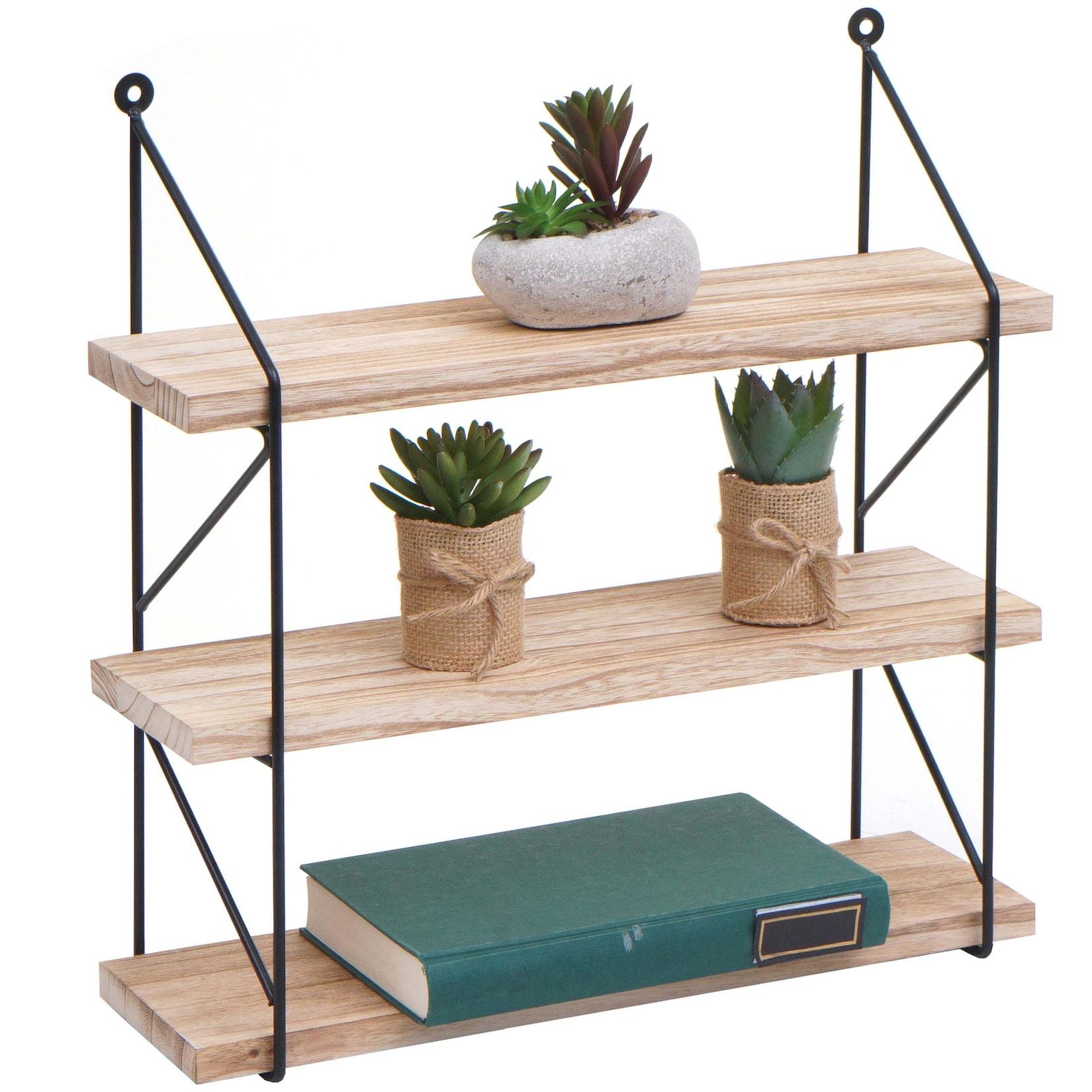 Wandregal MCW-K78, Hängeregal Schweberegal Regal, 3 Regalböden Metall Massiv-Holz Industrial 40x40x13cm ~ natur