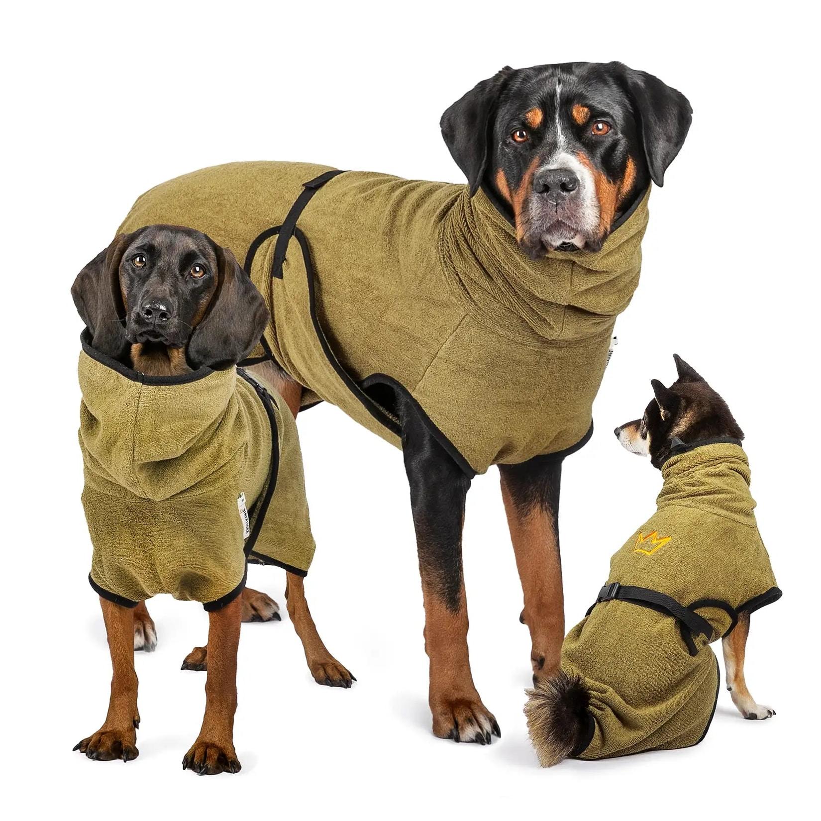 Rudelkönig Hundebademantel Größe XL in Khaki Hund Bademantel Baumwolle saugstark schnelltrocknend weich waschbar