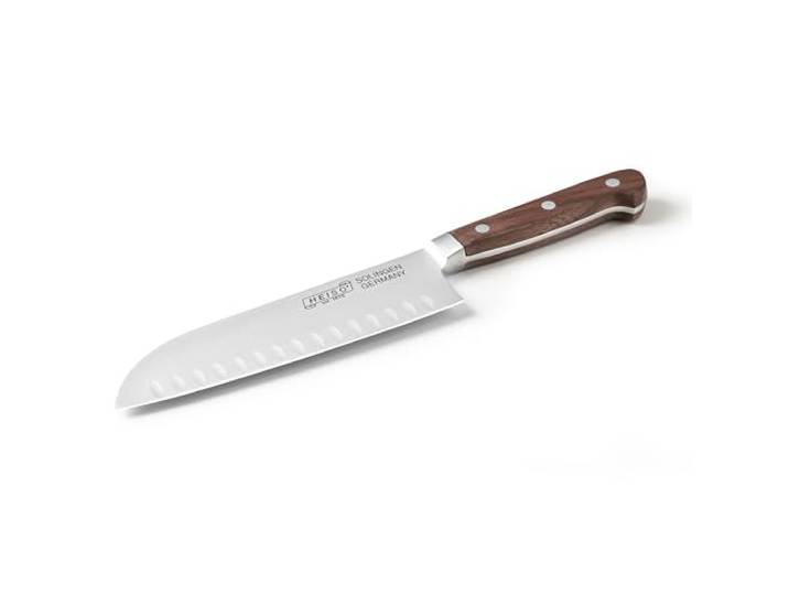 HEISO Santokumesser mit 18cm Klingenlänge, Geschmiedetes Allzweckmesser mit Kullenschliff und Griff aus Walnussholz, Made in Solingen - Germany