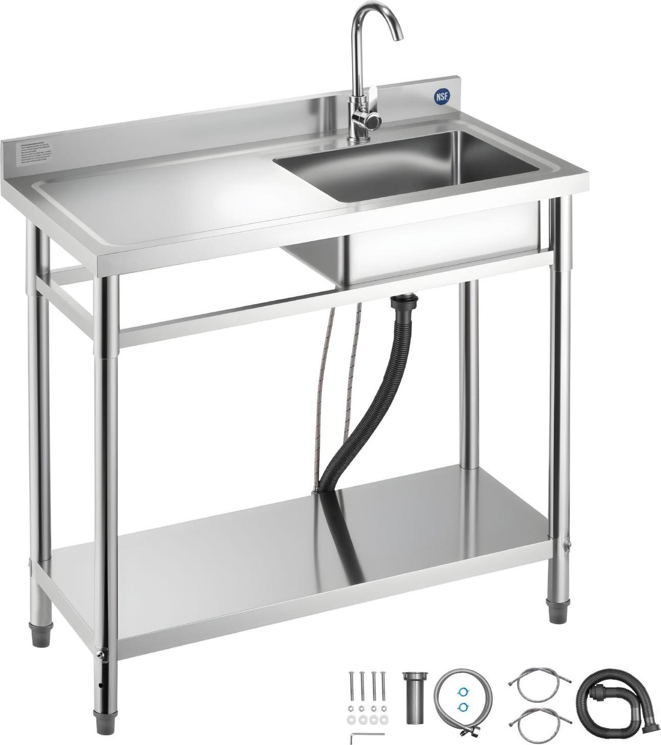 Edelstahl-Spültisch - Einzelbecken-Küchenspüle - 100 x 50 x 94 cm - Mit Wasserhahn - Arbeitsfläche links - Für Gastronomie, Wäscherei & Außenbereich