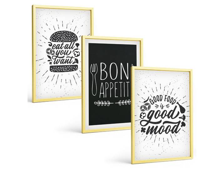 BILDER SET 3er Set - 40x60 cm Goldrahmen - Grafiken, Lebensmittel, kulinarische Slogans