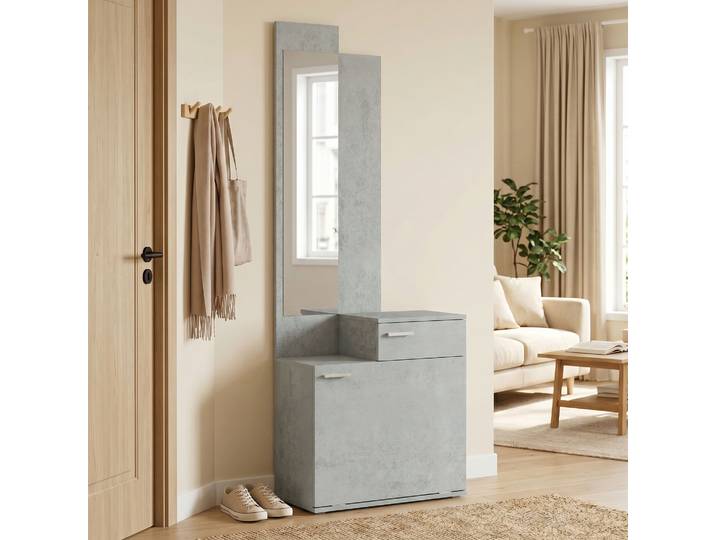 HOMCOM Meuble Entrée Gris Vestiaire Miroir Tiroir Chaussures