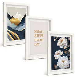 BILDER SET 3er Set - 20x30 cm Weißer Rahmen - Abstrakte Berge und Blumen Inspiration
