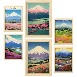 POSTER Set Mit 6 Massiver Berg In Vielseitiger A3 & A4 Rahmen Aus Hellem Holz
