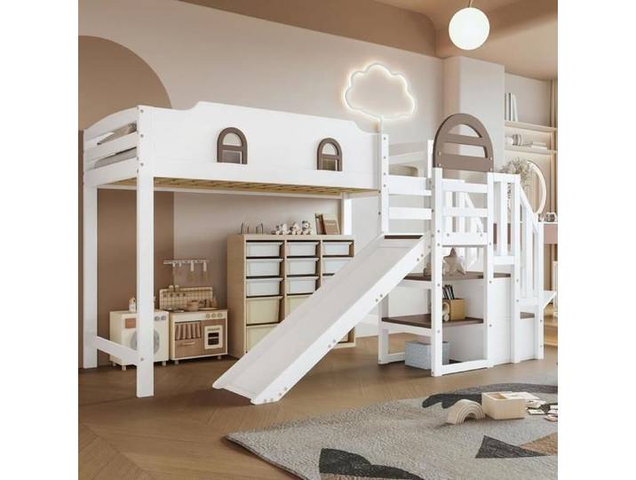 Lit superposé enfant - KOMHTOM - Fenêtre-Toboggan - Toboggan - Escalier avec 2 coffres - 90x200 cm