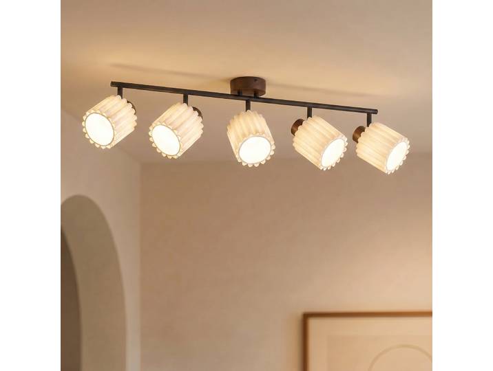 Spot pour plafond Shiloh, noyer/beige, à 5 lampes, bois de noyer - Lindby - Salon / séjour - Moderne - Tissu / textile - Multi-ampoules