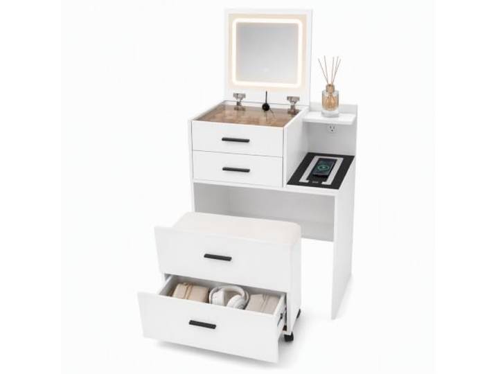 Schminktisch mit Beleuchtung Spiegel Hocker 60 x 40 cm LED-Ringlicht 3 Farben & Touch, 75kg Tragfähigkeit, Ladezone & Steckdose, 3 Schubladen & 2 Sitzfächer Stauraum
